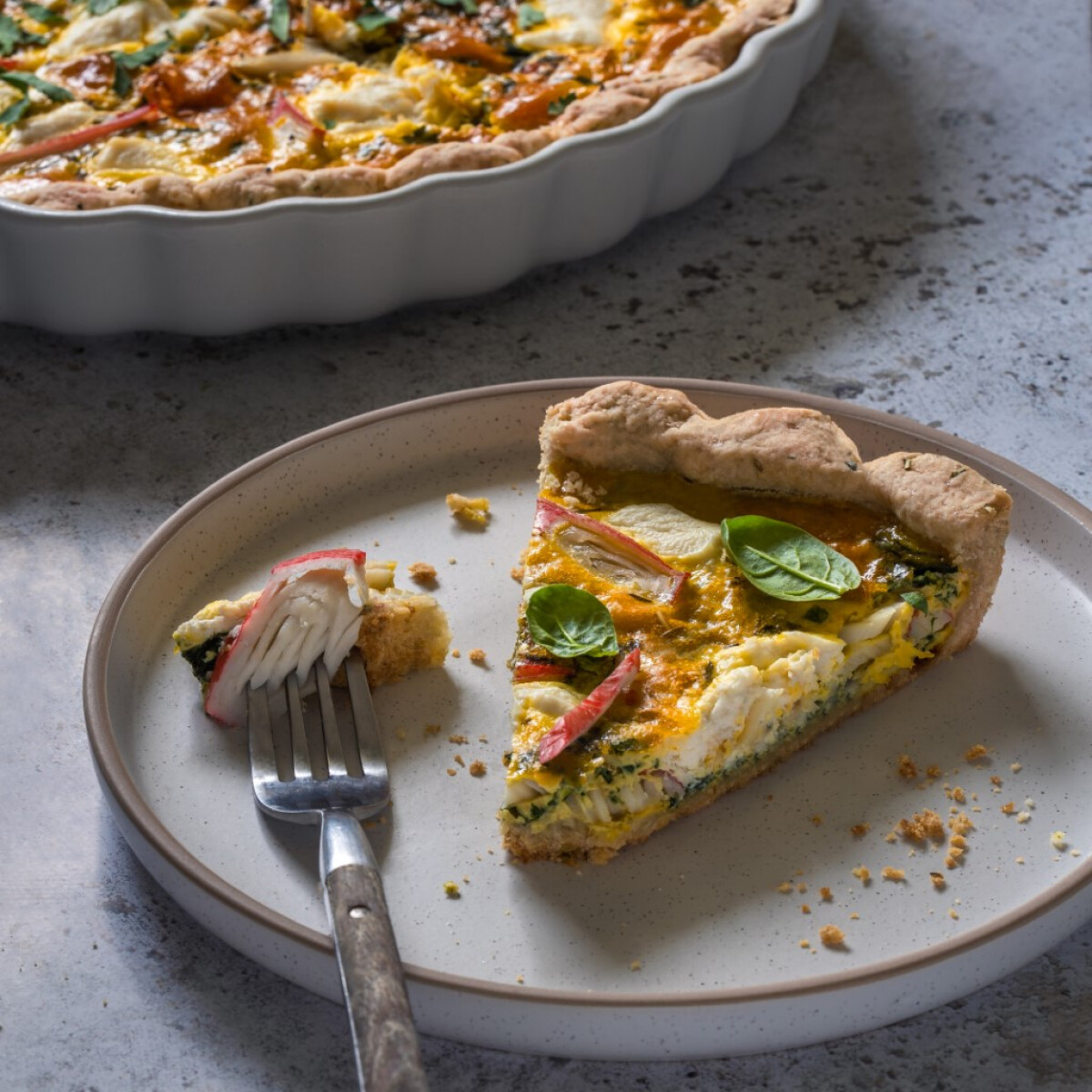 Süss quiche-t surimirudacskákkal, ricottával és spenóttal