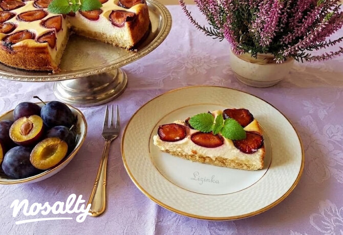 Egy szelet zabpelyhes szilvás torta tányéron, friss mentalevelekkel díszítve, mellette a megkezdett torta, szilvák és cserepes hanga.