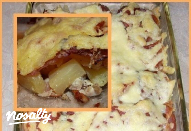 Ananászos csirkemell baconnel, füstölt sonkával