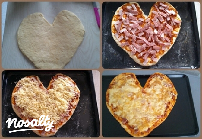 Sonkás szalámis szív alakú pizza