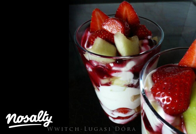 Mascarpone-áfonyaöntetes gyümipohár